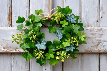 Decorative green ivy and flower wreath hanging on weathered wooden door