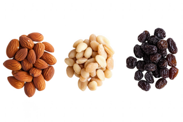 Three piles of almonds pine nuts and raisins isolated on transparent background