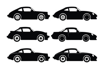 Silhouetted Automotive Collection: An artistic compilation of sleek, black car outlines, showcasing the diverse forms of automotive design. Evoking the essence of speed, luxury.