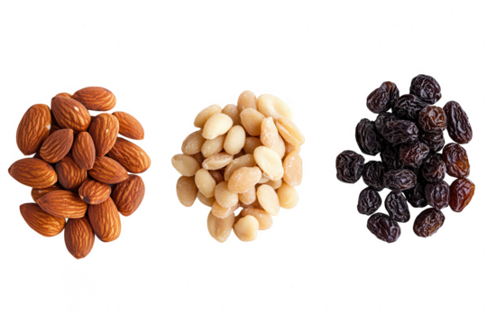Three piles of almonds pine nuts and raisins isolated on transparent background