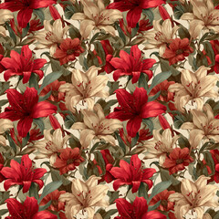 Fototapeta premium Tropical Floral Seamless Pattern with Lilies and Exotic Flowers – Hand-Drawn Style in Warm Red and Beige Palette, Lush Botanical Details on Soft Textured Fabric Background