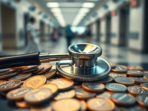 Stethoscope placed on pile of coins in hospital corridor, symbolizing healthcare costs and financial challenges