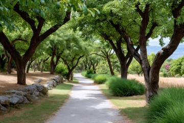 Obraz premium Pathway going through green trees creating a tunnel in a park during summer
