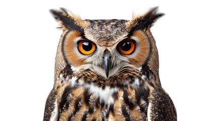 Owl with detailed plumage looking straight ahead background isolated on a Transparent background, PNG file.