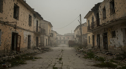 Desolate war-torn street, bullet-marked buildings, rubble, hazy atmosphere, conveying destruction and abandonment.