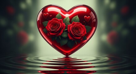 Red heart with roses reflected in water flowers leaves