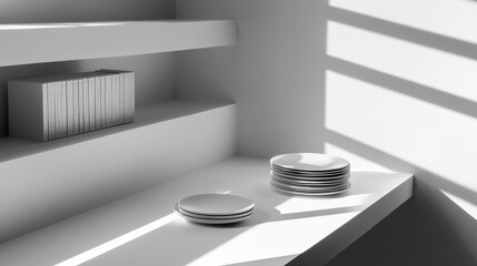 Stacked plates and books on white shelves, minimalist interior design.