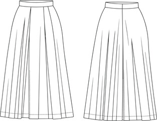 Front and back pleated maxi skirt flat sketch, fashion technical drawing, high waist long skirt design for women’s clothing template
