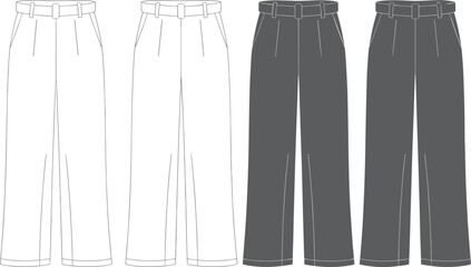 Women’s wide leg tailored trousers flat sketch, front and back view, high waist belt pants fashion design technical drawing template