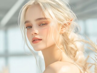 Ethereal young woman with blonde hair and delicate features in a soft light setting, showcasing natural beauty and elegance