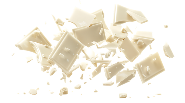 Scattered pieces of white chocolate isolated on transparent background