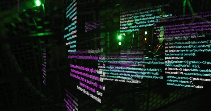 Opening code panel, code panels emerging, rotating, merging into spinning 3D data cube render
