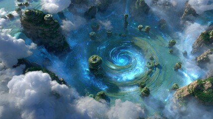 Aerial View of a Mystical Island with a Glowing Blue Spiral in a Cloudy Sky