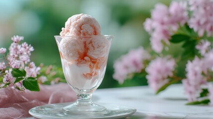 Pink Ice Cream in Glass Bowl with Flowers