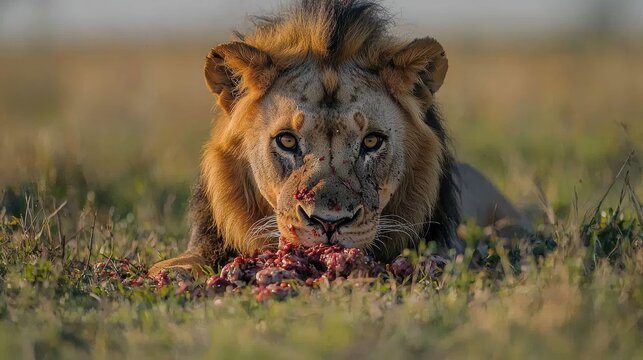 Lion feasting on its kill in a grassy savanna.