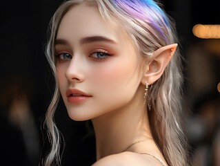 Enchanting Portrait of a Young Elf-Inspired Woman with Colorful Hair and Striking Facial Features in Soft Lighting