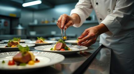 Chef Plating Food in a Restaurant Kitchen