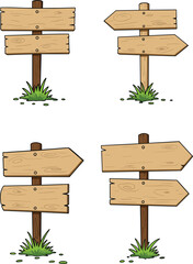 Wooden signpost vector illustration with direction arrows, cartoon road signage, empty wooden signs for map, navigation, game or design © Titan