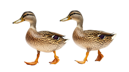 Pair of ducks walking in sync, perfect symmetry, background isolated on a Transparent background, PNG file.