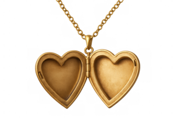 Golden heart-shaped locket dangling on delicate chain, open and vacant, symbolizing personal storytelling against transparent backdrop