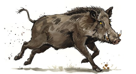 Fototapeta premium Charging Wild Boar Powerful Watercolor Illustration