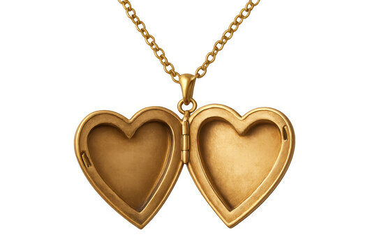 Golden heart-shaped locket dangling on delicate chain, open and vacant, symbolizing personal storytelling against transparent backdrop
