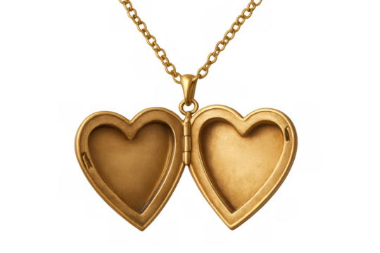 Golden heart-shaped locket dangling on delicate chain, open and vacant, symbolizing personal storytelling against transparent backdrop
