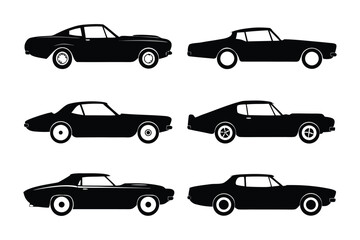 Classic Car Collection: A compilation of meticulously crafted, sleek, and stylish classic cars, each a testament to automotive design. Each car is rendered in a timeless black silhouette.