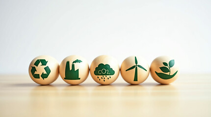 Eco-Friendly and Sustainability Icons on Wooden Balls