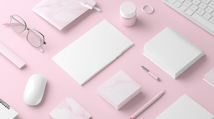 Pink and white office supplies arranged on a surface.