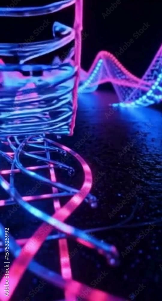 Poster abstract neon structure with waves and a cube illuminated in pink and blue creating a futuristic and