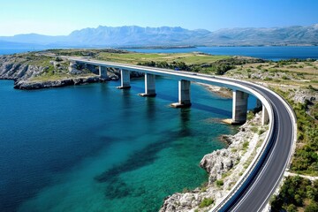 Obraz premium Stunning aerial view of Krk Bridge over tranquil blue waters and scenic landscapes, Krk Bridge over the sea, aerial shot