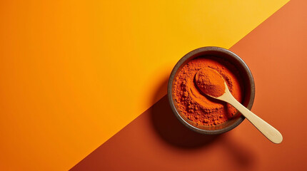 Turmeric or Chili Powder in a Bowl with a Wooden Spoon