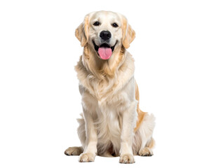 Obraz premium Happy Golden Retriever sitting and panting with tongue out — isolated on white background PNG