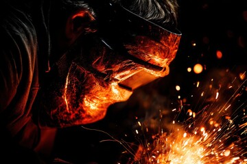 A welder wearing a protective mask ignites sparks while working in a dark workshop setting