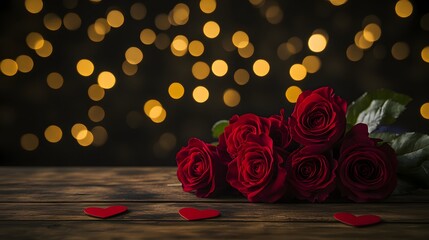 Romantic Red Roses Bouquet on Wooden Table with Hearts and Bokeh Lights
