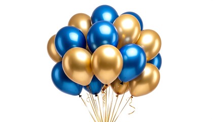 Gold and Blue Balloons Bundle with Celebration, Party Decoration, and White Background.