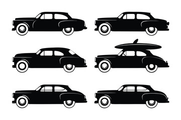 Vintage Car Silhouette Collection: A stylish array of classic automobiles, meticulously presented in elegant monochrome, evokes the nostalgic charm of a bygone era of driving.