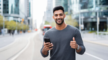 young Indian man standing confidently and holding smartphone