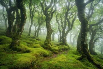 Mysterious cursed woodland enveloped in thick mist at dawn, Scary Cursed Woodland With Thick Mist