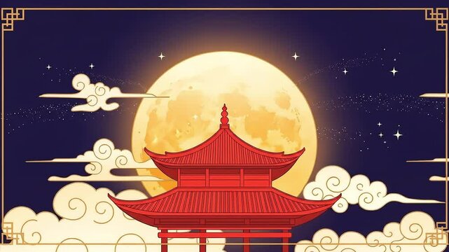 Mid autumn festival illustration pagoda silhouette under full moons glow celebrates unity and tradition with a classic asian aesthetic under a starry night