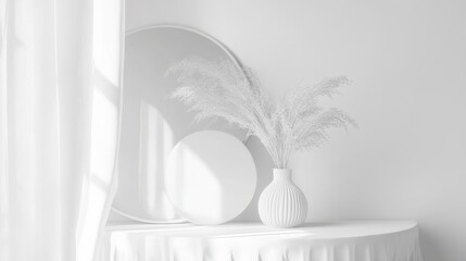 White minimalist interior design with decorative pampas grass.