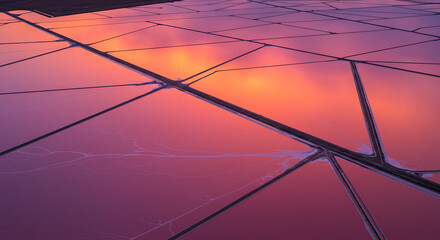 Sunset reflecting in geometric salt evaporation ponds.