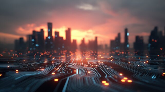 Futuristic cityscape illuminated by glowing circuitry under a dramatic sunset sky