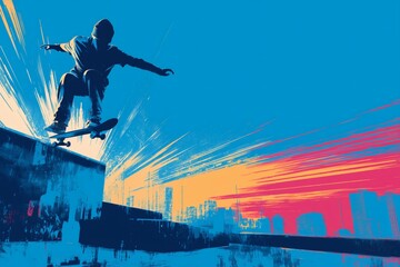 Obraz premium Skateboarder performing a trick in an urban setting, captured with vivid blue and orange hues, conveying energy and motion.
