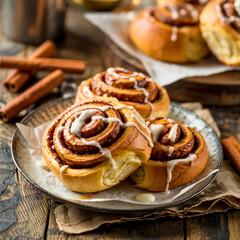Fototapeta premium Warm cinnamon rolls with sweet icing drizzled on a rustic plate