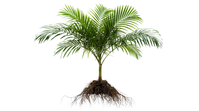 Palm tree with roots partially exposed, botanical study style, background isolated on a Transparent background, PNG file.