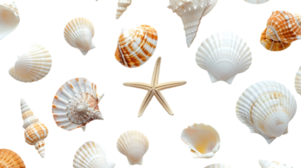 Seamless pattern of seashells and starfish on transparent background