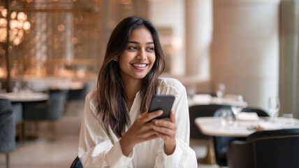 beautiful indian woman sitting in restaurant using smart phone