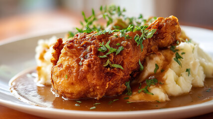 Fototapeta premium Crispy Fried Chicken with Mashed Potatoes - Gourmet Food Photography